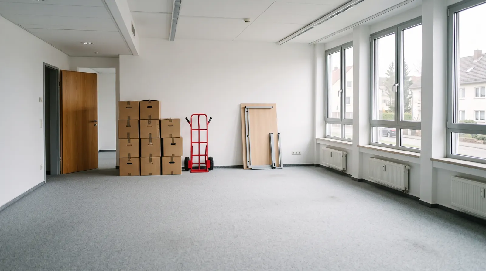 Leergeräumtes helles Büro mit gestapelten Umzugskartons und Sackkarre
